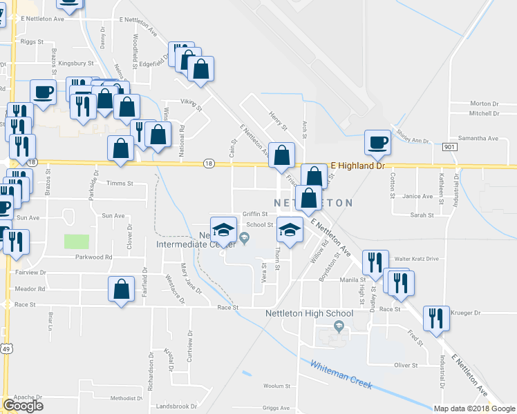 map of restaurants, bars, coffee shops, grocery stores, and more near 3813 Griffin Street in Jonesboro