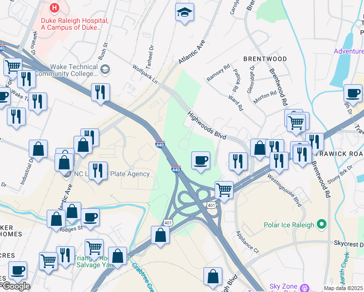 map of restaurants, bars, coffee shops, grocery stores, and more near 3100 Smoketree Court in Raleigh