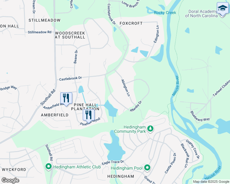 map of restaurants, bars, coffee shops, grocery stores, and more near 3016 Allenby Drive in Raleigh