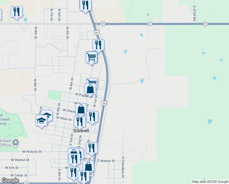 map of restaurants, bars, coffee shops, grocery stores, and more near 517 North Flint Street in Stilwell