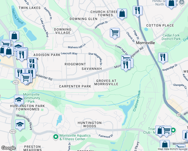 map of restaurants, bars, coffee shops, grocery stores, and more near 220 Low Country Court in Morrisville