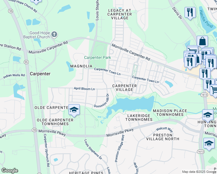 map of restaurants, bars, coffee shops, grocery stores, and more near 707 Dominion Hill Drive in Cary