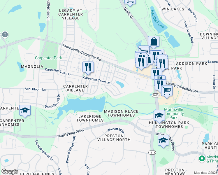 map of restaurants, bars, coffee shops, grocery stores, and more near 107 Poplar Branch Lane in Cary