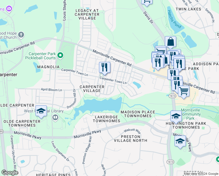 map of restaurants, bars, coffee shops, grocery stores, and more near 111 Laurel Wreath Lane in Cary