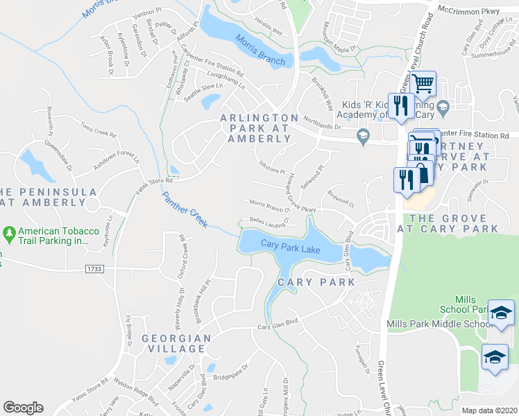 map of restaurants, bars, coffee shops, grocery stores, and more near 111 Morris Branch Court in Cary