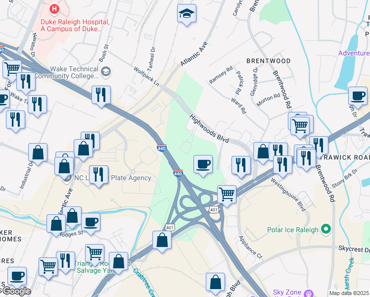 map of restaurants, bars, coffee shops, grocery stores, and more near 3100 Smoketree Court in Raleigh