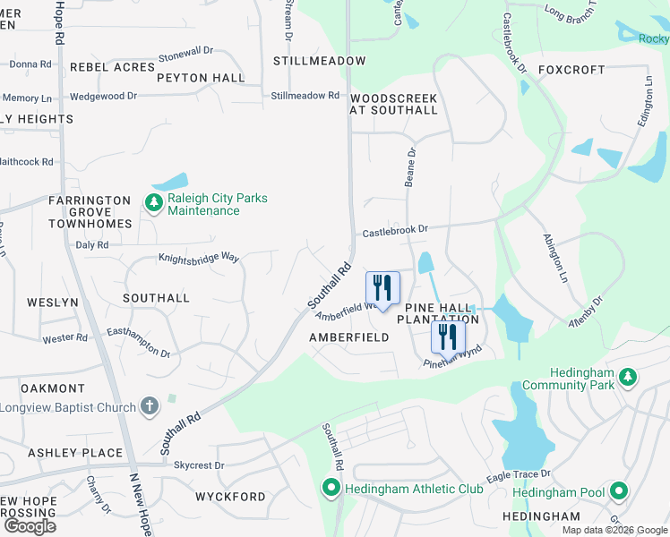 map of restaurants, bars, coffee shops, grocery stores, and more near 4924 Heatherfield Way in Raleigh