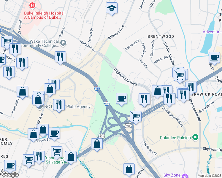 map of restaurants, bars, coffee shops, grocery stores, and more near 3120 Smoketree Court in Raleigh