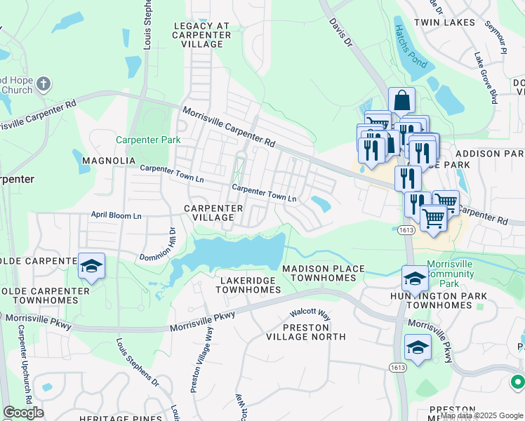 map of restaurants, bars, coffee shops, grocery stores, and more near 500 Potomac Grove Place in Cary