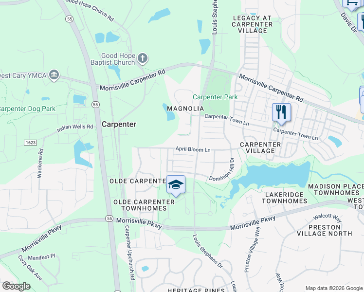 map of restaurants, bars, coffee shops, grocery stores, and more near 413 April Bloom Lane in Cary