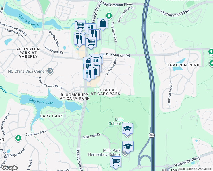 map of restaurants, bars, coffee shops, grocery stores, and more near Cary Glen Boulevard in Cary