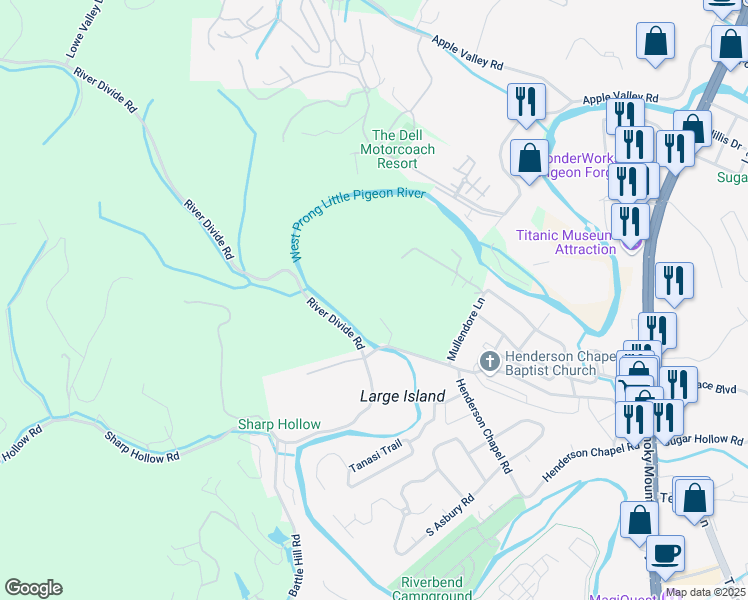map of restaurants, bars, coffee shops, grocery stores, and more near 540 Henderson Road in Pigeon Forge
