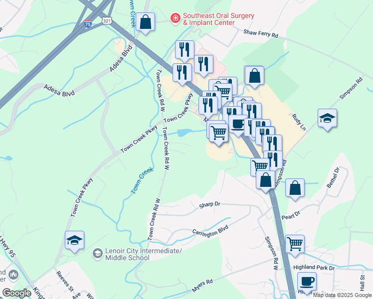 map of restaurants, bars, coffee shops, grocery stores, and more near 2300 Town Creek Road West in Lenoir City