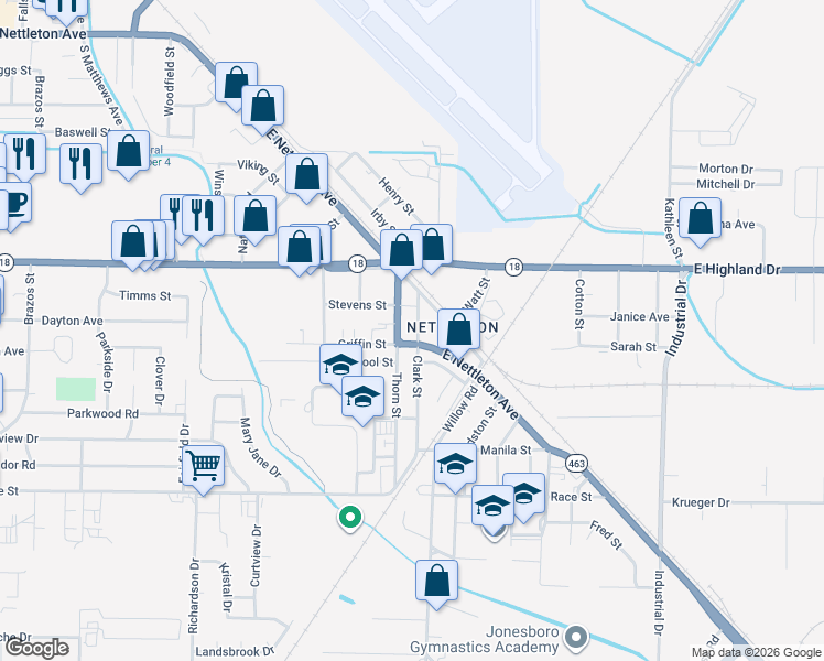map of restaurants, bars, coffee shops, grocery stores, and more near 4800 East Nettleton Avenue in Jonesboro