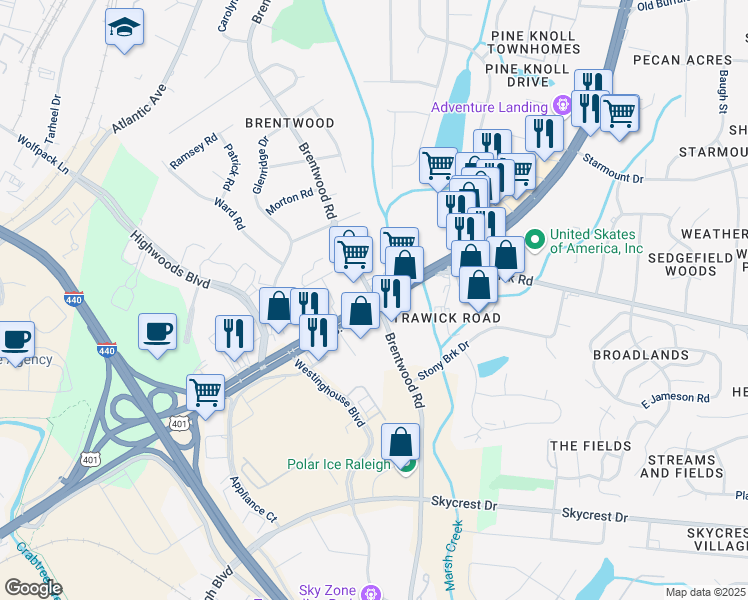 map of restaurants, bars, coffee shops, grocery stores, and more near Capital Blvd & Brentwood Rd in Raleigh