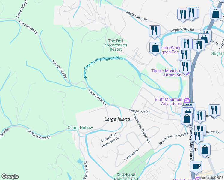 map of restaurants, bars, coffee shops, grocery stores, and more near 502-598 Henderson Road in Pigeon Forge