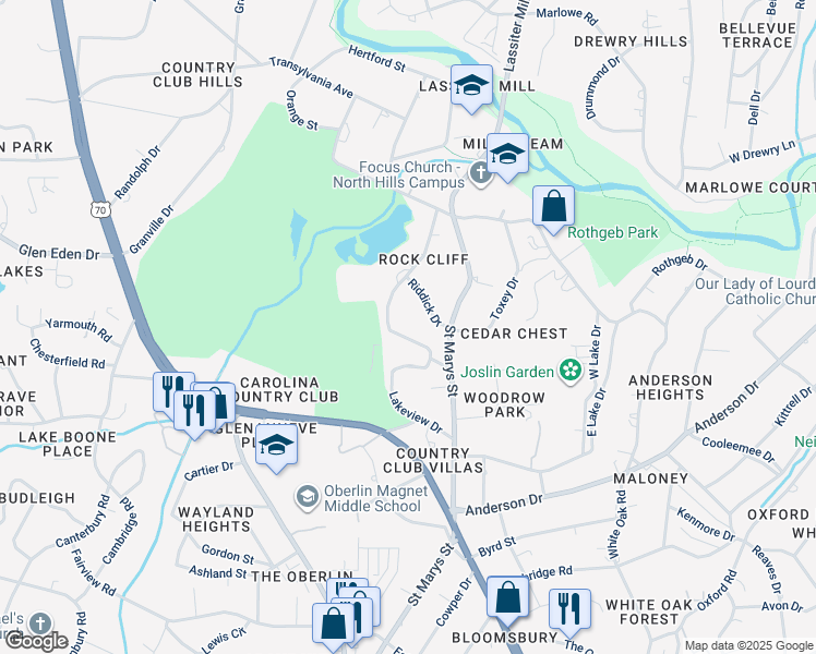 map of restaurants, bars, coffee shops, grocery stores, and more near 2724 Lakeview Drive in Raleigh