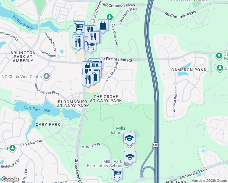 map of restaurants, bars, coffee shops, grocery stores, and more near 1407 Glenwater Drive in Cary