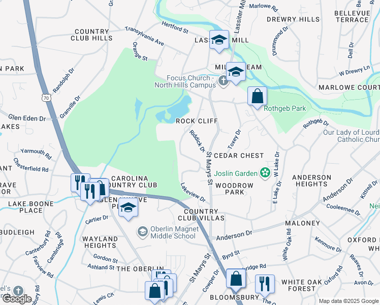 map of restaurants, bars, coffee shops, grocery stores, and more near 2724 Lakeview Drive in Raleigh