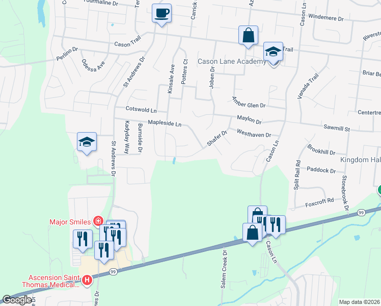 map of restaurants, bars, coffee shops, grocery stores, and more near 2039 Shafer Drive in Murfreesboro