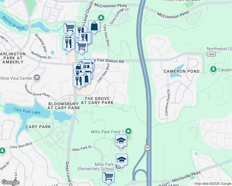 map of restaurants, bars, coffee shops, grocery stores, and more near 523 Buhrstone Drive in Cary