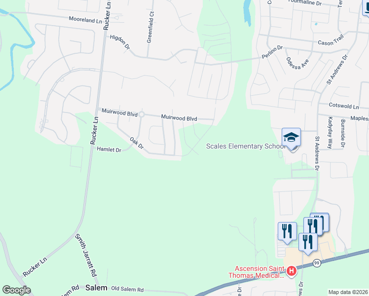 map of restaurants, bars, coffee shops, grocery stores, and more near 1707 Oak Drive in Murfreesboro