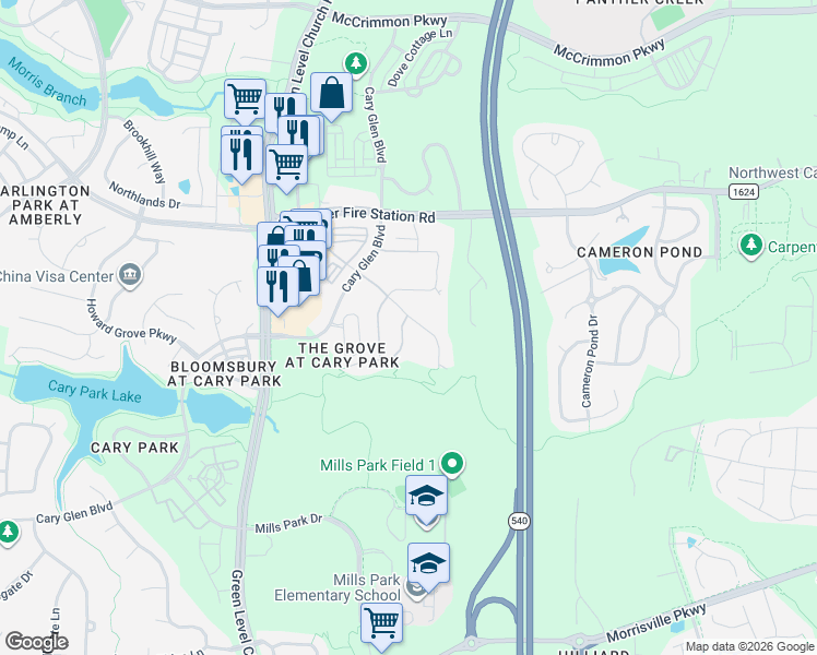 map of restaurants, bars, coffee shops, grocery stores, and more near 523 Buhrstone Drive in Cary