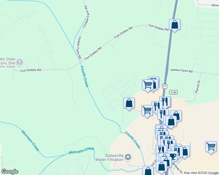 map of restaurants, bars, coffee shops, grocery stores, and more near 120 Vermillion Loop in Statesville