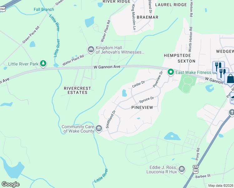 map of restaurants, bars, coffee shops, grocery stores, and more near 105 Pineview Drive in Zebulon