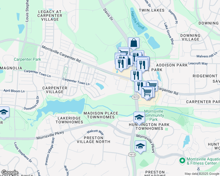 map of restaurants, bars, coffee shops, grocery stores, and more near 211 Magnolia Bloom Court in Cary