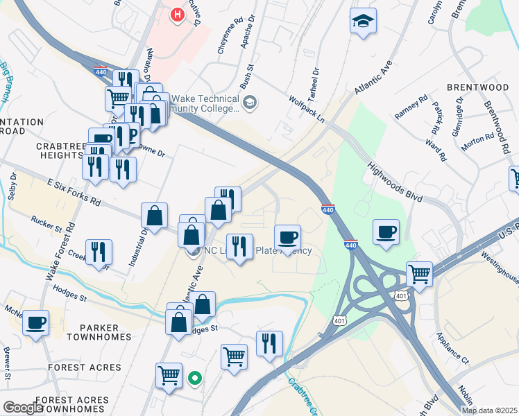 map of restaurants, bars, coffee shops, grocery stores, and more near 2821 Wilshire Hill Drive in Raleigh