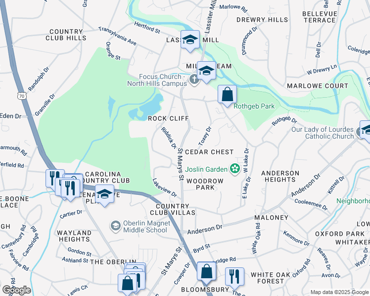 map of restaurants, bars, coffee shops, grocery stores, and more near 2700 Saint Marys Street in Raleigh