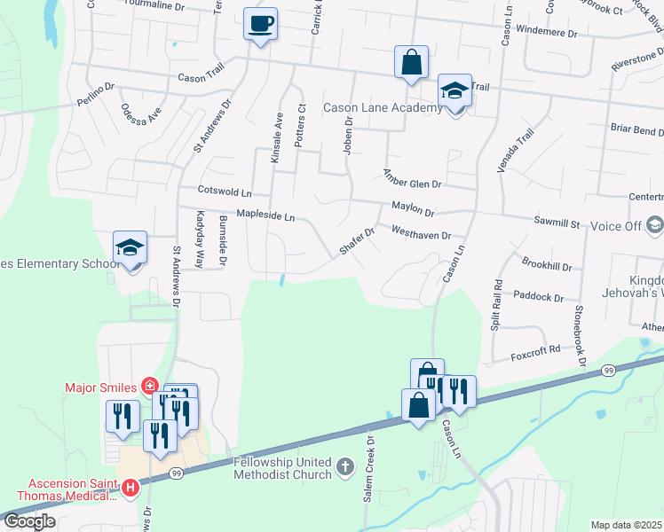 map of restaurants, bars, coffee shops, grocery stores, and more near 2039 Shafer Drive in Murfreesboro