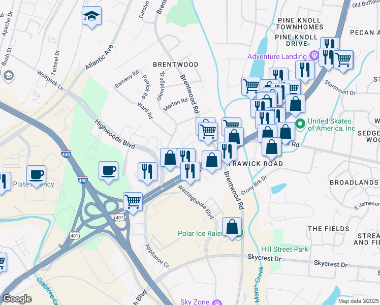 map of restaurants, bars, coffee shops, grocery stores, and more near 2815 Capital Boulevard in Raleigh