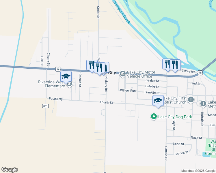 map of restaurants, bars, coffee shops, grocery stores, and more near 101-175 Hickory Road in Lake City