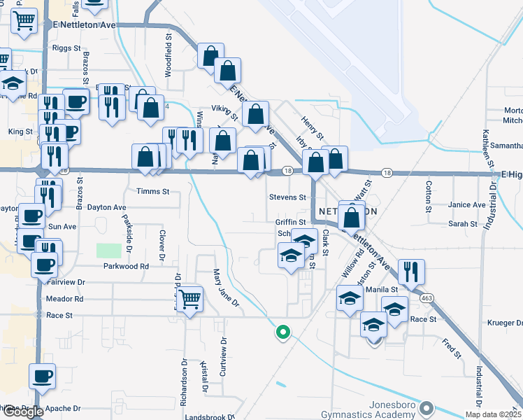 map of restaurants, bars, coffee shops, grocery stores, and more near 2109 Cain Street in Jonesboro