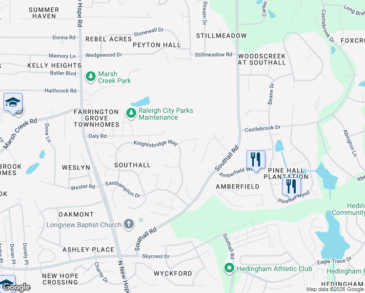 map of restaurants, bars, coffee shops, grocery stores, and more near 2701 Kempsford Place in Raleigh