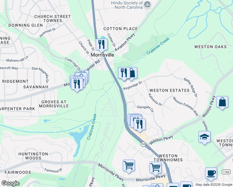 map of restaurants, bars, coffee shops, grocery stores, and more near 100 Walnut Forest Lane in Morrisville