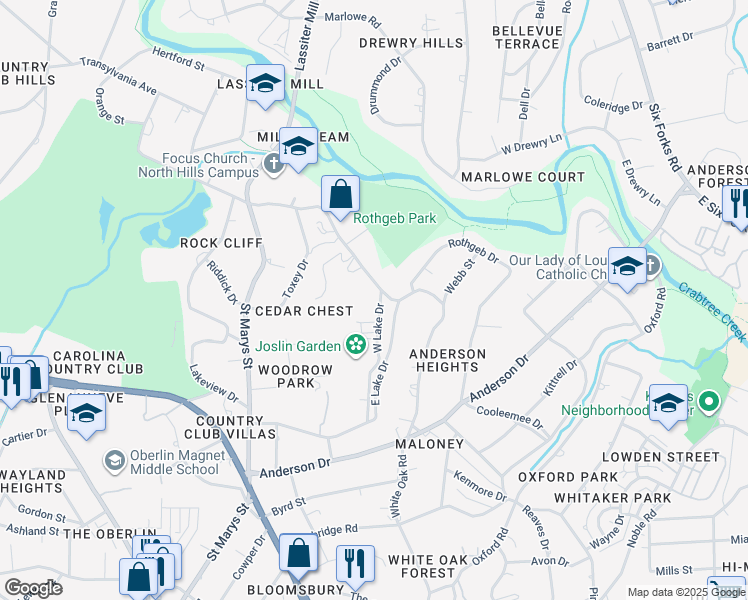 map of restaurants, bars, coffee shops, grocery stores, and more near 2453 West Lake Drive in Raleigh