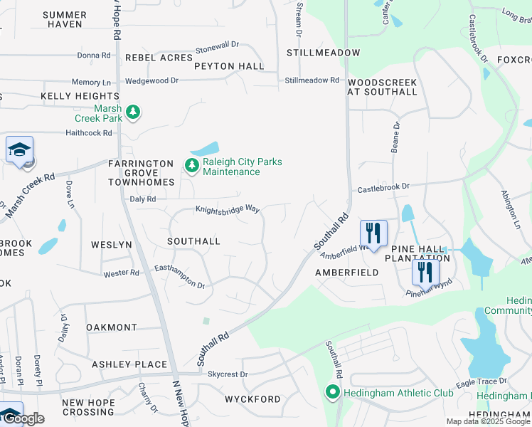 map of restaurants, bars, coffee shops, grocery stores, and more near 2701 Kempsford Place in Raleigh