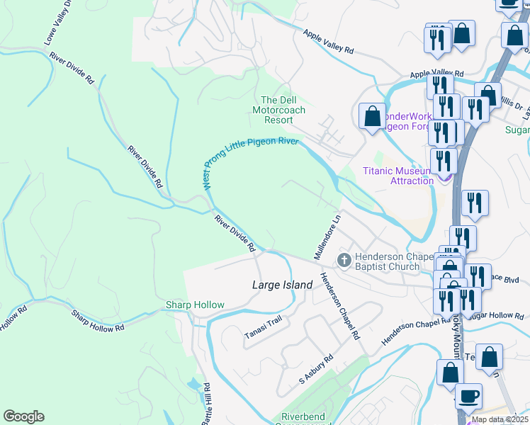 map of restaurants, bars, coffee shops, grocery stores, and more near 540 Henderson Road in Pigeon Forge