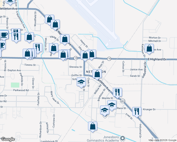 map of restaurants, bars, coffee shops, grocery stores, and more near 4800 East Nettleton Avenue in Jonesboro