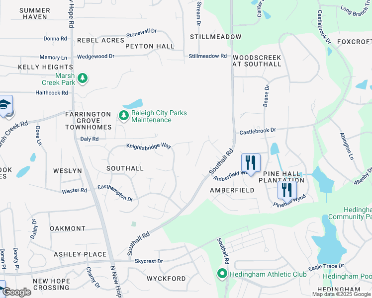 map of restaurants, bars, coffee shops, grocery stores, and more near 2717 Dalford Court in Raleigh