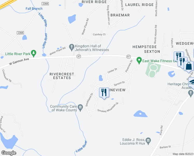 map of restaurants, bars, coffee shops, grocery stores, and more near 133 Lonesome Wind Way in Zebulon