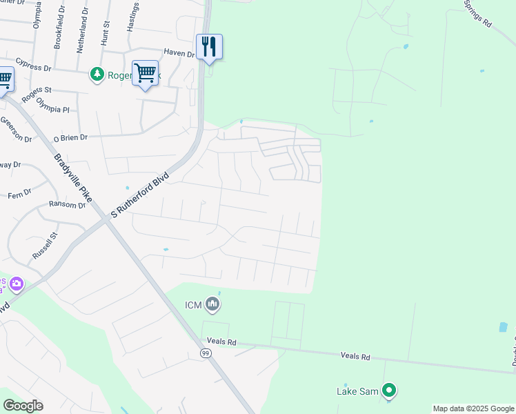 map of restaurants, bars, coffee shops, grocery stores, and more near 2537 Hillingdon Drive in Murfreesboro
