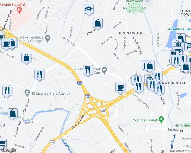map of restaurants, bars, coffee shops, grocery stores, and more near 3120 Smoketree Court in Raleigh