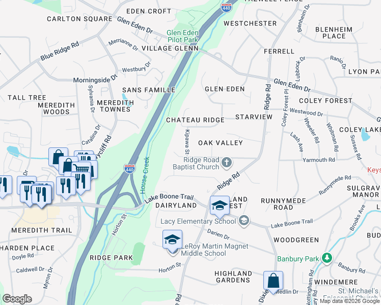 map of restaurants, bars, coffee shops, grocery stores, and more near 3401 Hampton Road in Raleigh