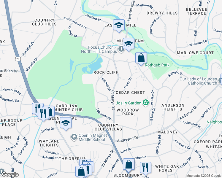 map of restaurants, bars, coffee shops, grocery stores, and more near 2701 Saint Marys Street in Raleigh