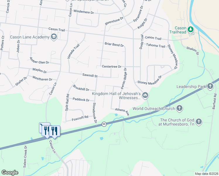 map of restaurants, bars, coffee shops, grocery stores, and more near 2224 Spartan Court in Murfreesboro