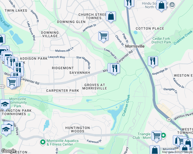 map of restaurants, bars, coffee shops, grocery stores, and more near 524 Misty Groves Circle in Morrisville